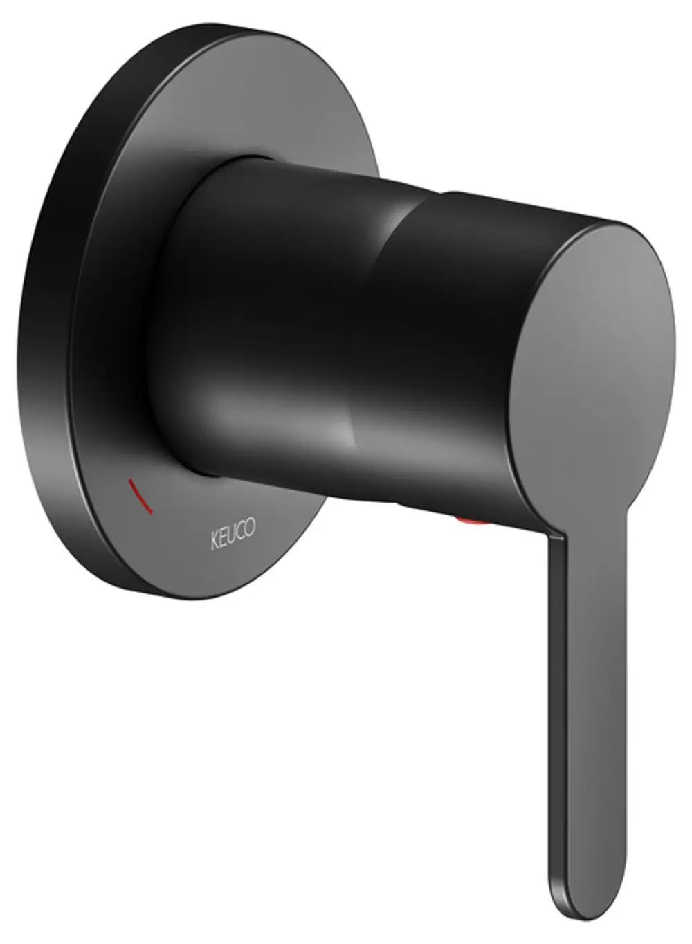 Keuco Mischbatterie mit runder Rosette und flachem Griff in Schwarz, geeignet für Wandmontage. Reduzierte Formen und klare Linien zeichnen das Design aus.
